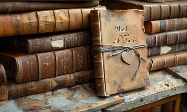 A paperback book wrapped in brown paper with a heart-shaped seal and the words "Blind Date with a Book" written on it