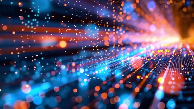 A dynamic visual representation of light streaks and particles, creating a vibrant effect of movement and energy in a digital space.