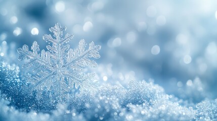 Intricate white snowflake on soft pastel blue background