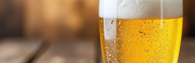 Frosty beer glass with golden liquid and fine bubbles, warm background, concept for beer lovers and celebrations