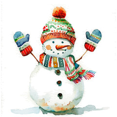 A watercolor drawing of a Snowman, isolated on a white background. Snowman vector.