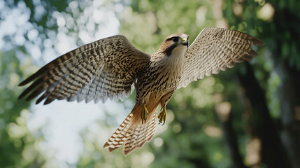 Fototapeta premium Majestic saker falcon soaring through a vibrant green forest, showcasing its impressive wingspan and sharp talons