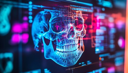 Obraz premium A digital rendering of a human skull with colorful overlays and data visualizations.