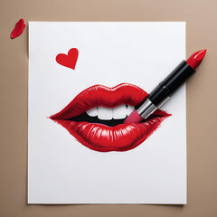 Obraz premium Romantic love letter featuring a lipstick kiss and vibrant red lips