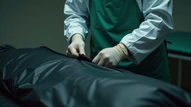 Morgue worker closes zipper on body bag, green apron over protective gear in dimly lit room - concept of morgue worker