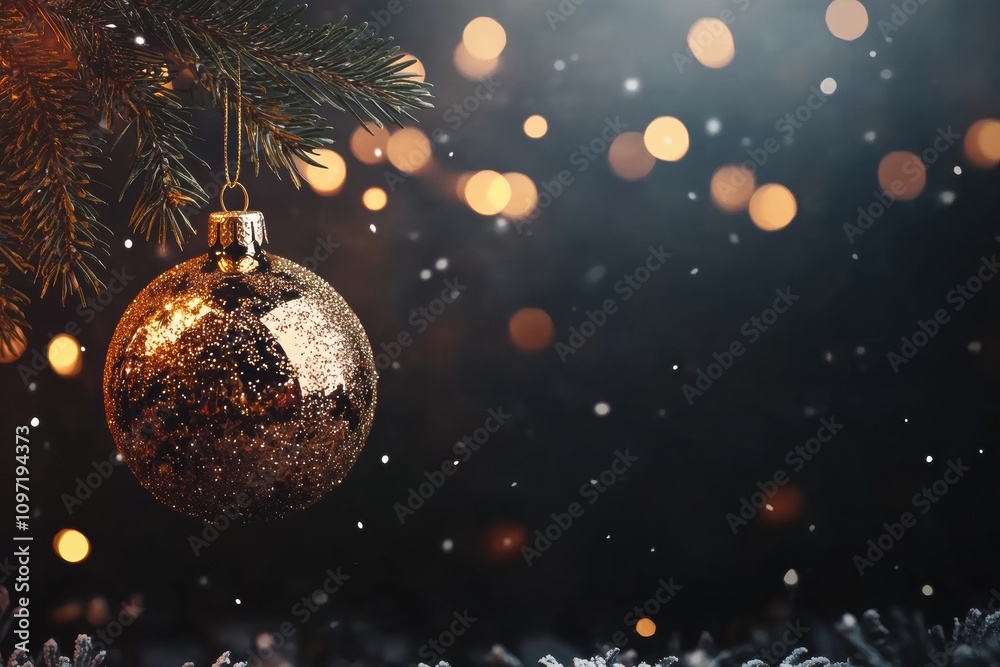 Aufkleber a shimmering golden ornament dangles from a green pine branch, surrounded by a festive atmosphere of