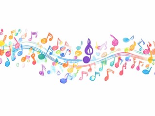 Colorful musical notes joyfully bouncing along staff lines, with a stern musical clef, against a bright white background. Music copy space. Composing melody. Sound mockup. Singing, playing instruments