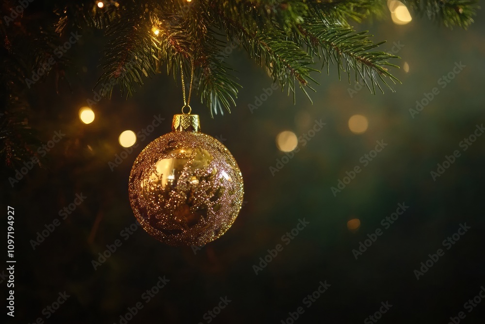 Aufkleber a shimmering golden ornament is suspended from a pine branch, surrounded by soft glowing lights, cre