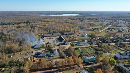 Berezinskiy Biosphere Reserve. A village in the middle of the reserve among forests, lakes, rivers, bogs. The nature of Northern Europe in the fall. Yellowed trees, a huge lake in the distance.