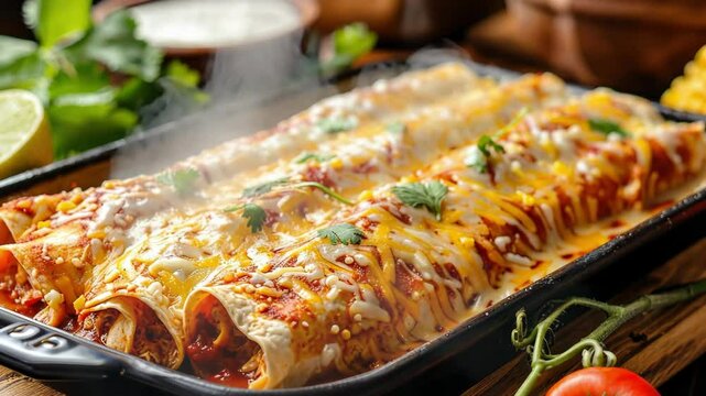 Steaming Enchiladas Verdes with Melting Cheese and Fresh Herbs on Skillet