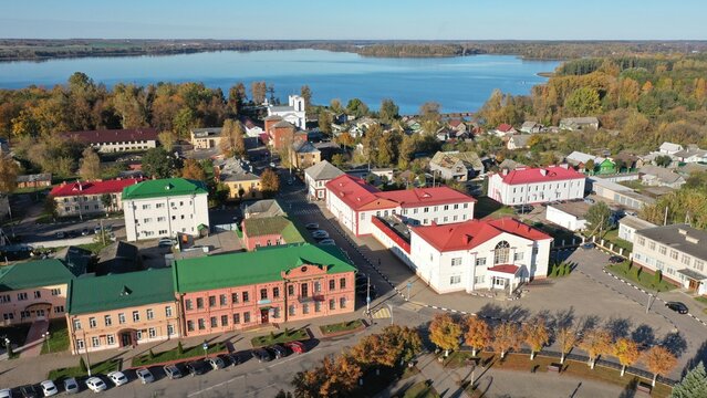 Lepel, Belarus - 11.28.2024: The city of Lepel (Vitebsk region) from a height. Lake Lepel. Small towns of Belarus. A town in Europe on the shore of a huge lake.