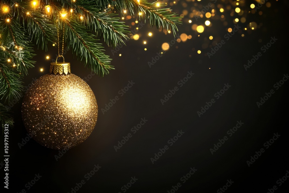 Poster a beautiful golden christmas ornament is suspended from a pine branch, sparkling against a dark back