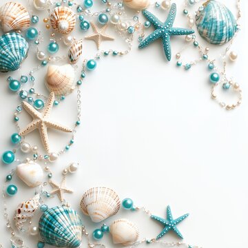 coastal christmas beach frame with turquoise and white seashells, pearls and ornaments on white background, nautical holiday border with starfish and shells