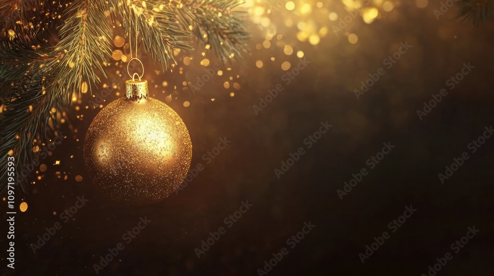 Aufkleber Golden ornament sparkles as it hangs from a green pine branch, creating a magical holiday atmosphere against a warm backdrop. Generative AI