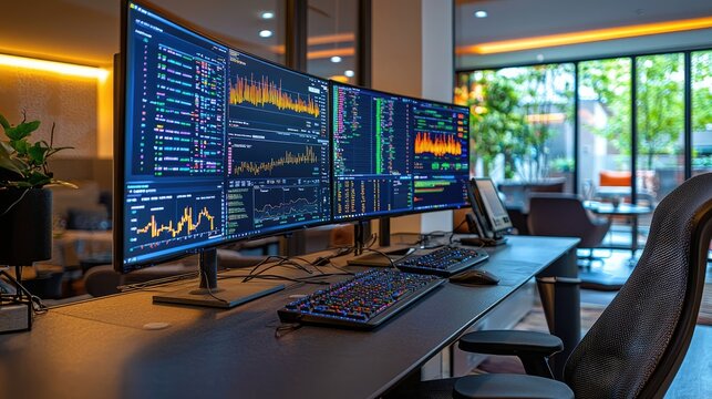 Modern Home Office with Multiple Monitors Displaying Financial Data and Stock Market Trends in a Contemporary Setting - Powered by Adobe