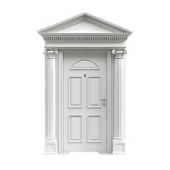 A classic white door with a pediment and columns, symbolizing entry and architecture.