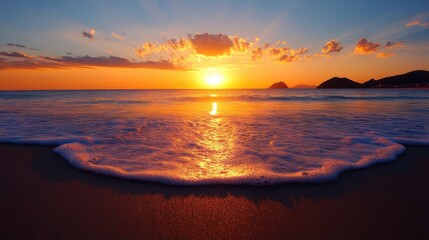 Obraz premium The sun is setting over the ocean, casting a warm glow on the water