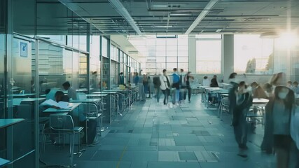 Watch as the school canteen comes alive during lunch hour with students gathering, meals being prepared, and tables filling up. Experience the vibrant atmosphere in this busy setting.