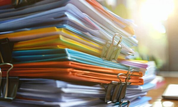 Close-up of a large stack of paperwork with binder clips on a wood desk