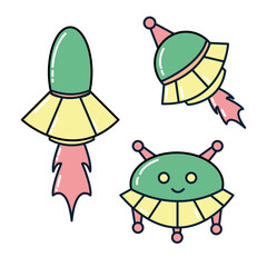 Cartoon UFO Spaceship Vector Set – Alien Flying Saucer Illustration for Kids or Sci-Fi Design