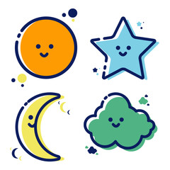  Cute Sky Elements Vector Set – Sun, Moon, Stars, Cloud Cartoon Icons for Children