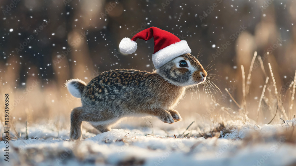 Aufkleber rabbit with a festive hat dashing through a snowy field with gentle snowfall