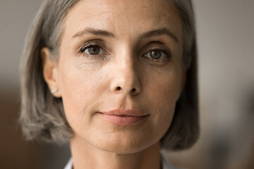 Pretty face of mature 50s grey haired woman looking at camera with positive serious calm expression. Senior lady with natural makeup promoting elderly age beauty care