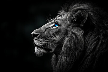 Naklejka premium Striking Portrait of a White Lion with Blue Eyes on a Black Background, Capturing Majesty, Strength, and Elegance in Monochrome Wildlife Photography