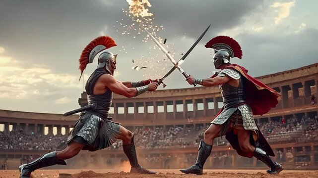 In an ancient arena, two skilled gladiators engage in a fierce duel. Clad in armor, they wield swords and demonstrate their combat prowess, captivating the audience with their prowess.