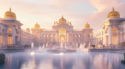 Fototapeta premium Majestic palace with golden domes and fountains at sunset.