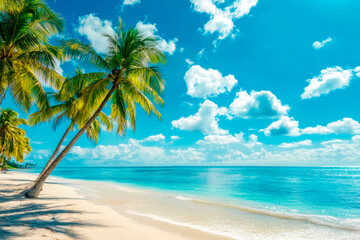Obraz premium Stunning tropical landscape, pristine beach with light golden sand, palm trees and vibrant turquoise water under bright blue sky with scattered clouds. Scene with summer vibe, idyllic paradise getaway