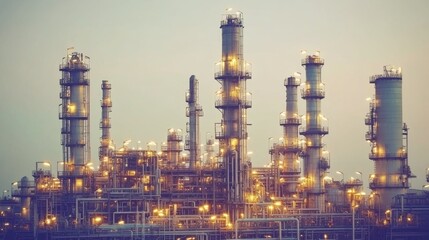 Obraz premium Industrial Oil Refinery at Dusk, Lit by Golden Lights