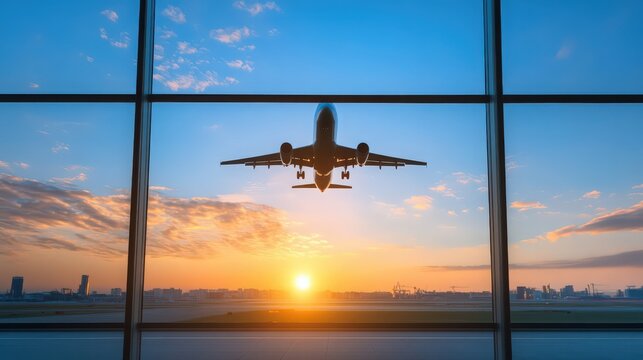 A plane is flying over a city at sunset