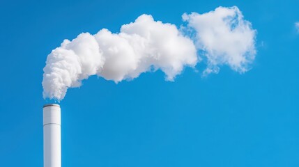 A tall white smoke stack is spewing smoke into the sky
