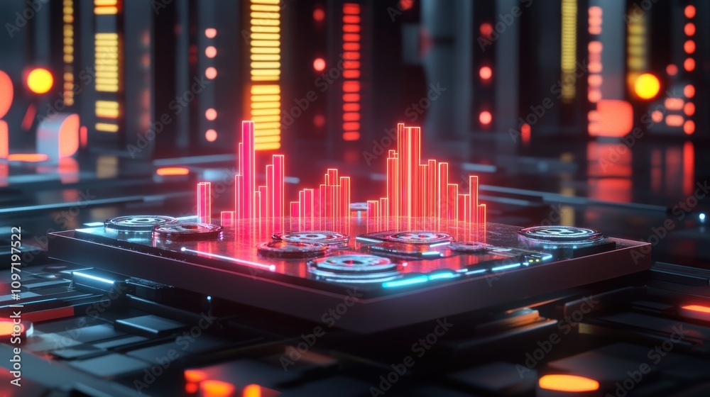 Aufkleber A futuristic sound visualization with glowing bars and buttons in a digital environment.