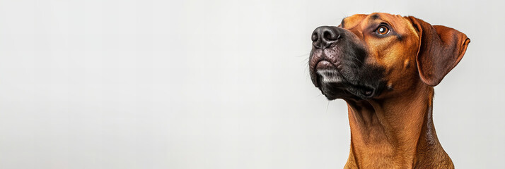 Adorable dog with expressive eyes looking upward on a clean white background, perfect for pet-related designs, veterinary promotions, or dog care advertisements