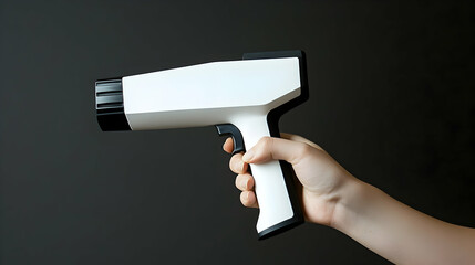 A hand holds a futuristic white and black device resembling a gun.