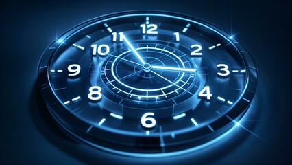 A digital style clock features glowing blue numbers and hands on a dark background. Concentric circles and radial lines enhance its high tech appearance.