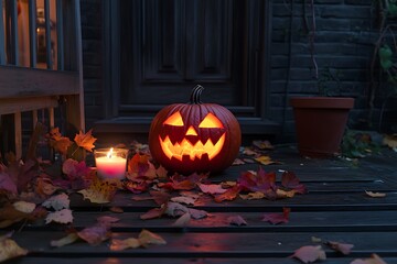 Obraz premium A glowing jack-o'-lantern sits on a porch surrounded by autumn leaves and a candle.
