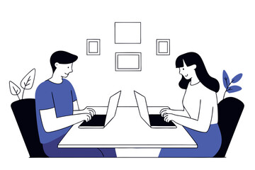 Fototapeta premium Family working at home using laptops. Freelance work concept. Vector flat illustration