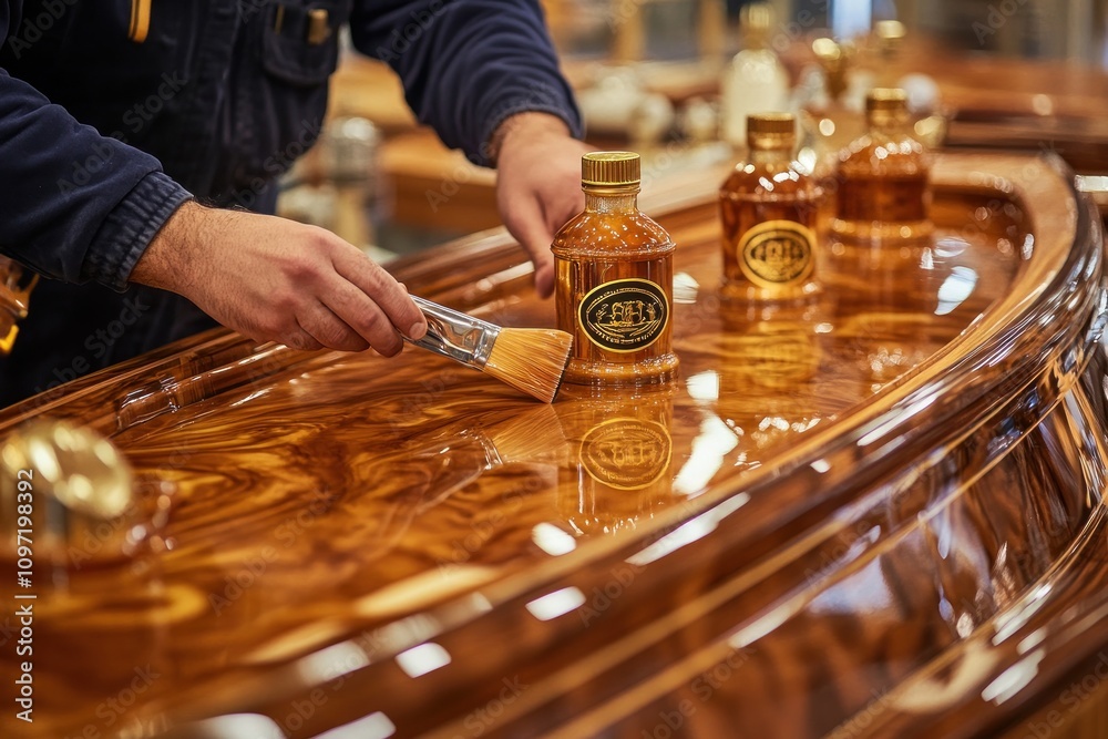 Poster a craftsman applying finish to a polished wooden surface with bottles in the background.