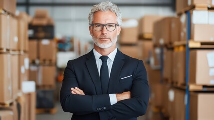 Fototapeta premium A man in a suit and tie stands in a warehouse with boxes around him