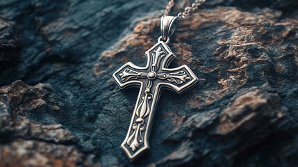 Ornate silver cross pendant with floral decorations lying on a dark rock, evoking faith, tradition, and spirituality