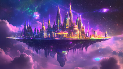 Fototapeta premium Magical futuristic citadel flying in space created with generative ai. Futuristic Space Citadel. Illustration