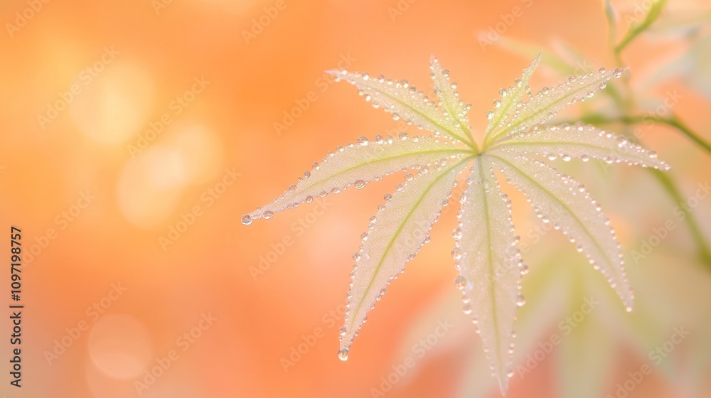 Poster a close-up of a delicate maple leaf adorned with dew against a soft, warm background.