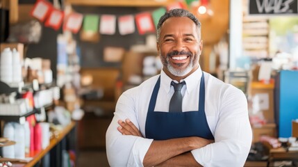 A man in a white shirt and blue apron stands in a store with his arms crossed