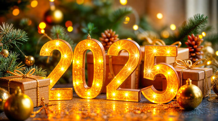 luminous 2025 number display with festive decorations
