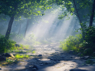 Obraz premium Sunlit forest path with vivid greenery and rays of light creating a serene scene.