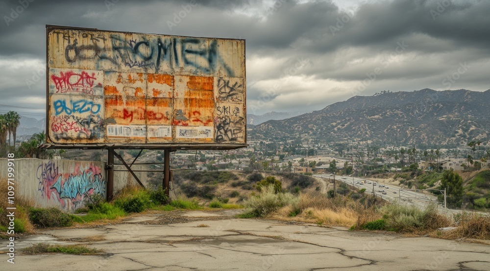 Poster A weathered billboard overlooking a highway and hills under a cloudy sky.