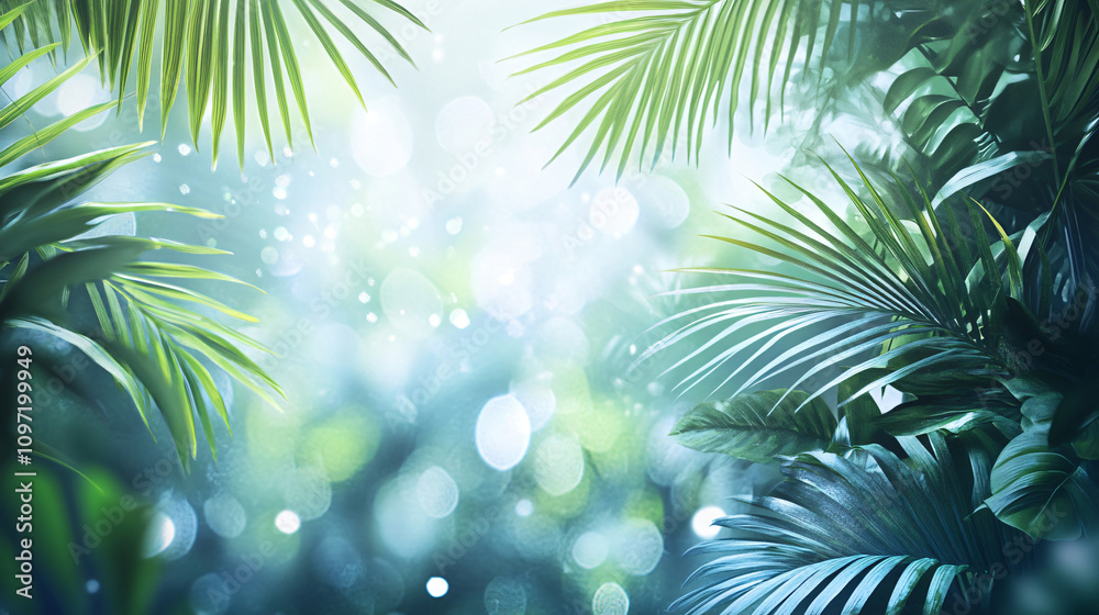 Poster lush green palm leaves frame a soft, ethereal background, creating a tranquil and tropical atmospher